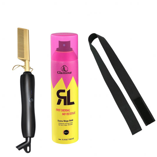 Wig Frontal Installation Kit - Hot Comb - Melting Elastic Band -  Glamour Glue Spray